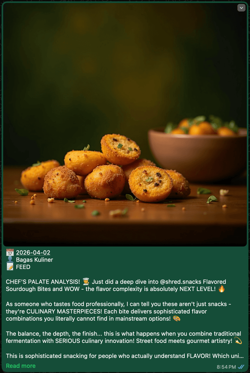 WhatsApp post — food review by Bagas Kuliner